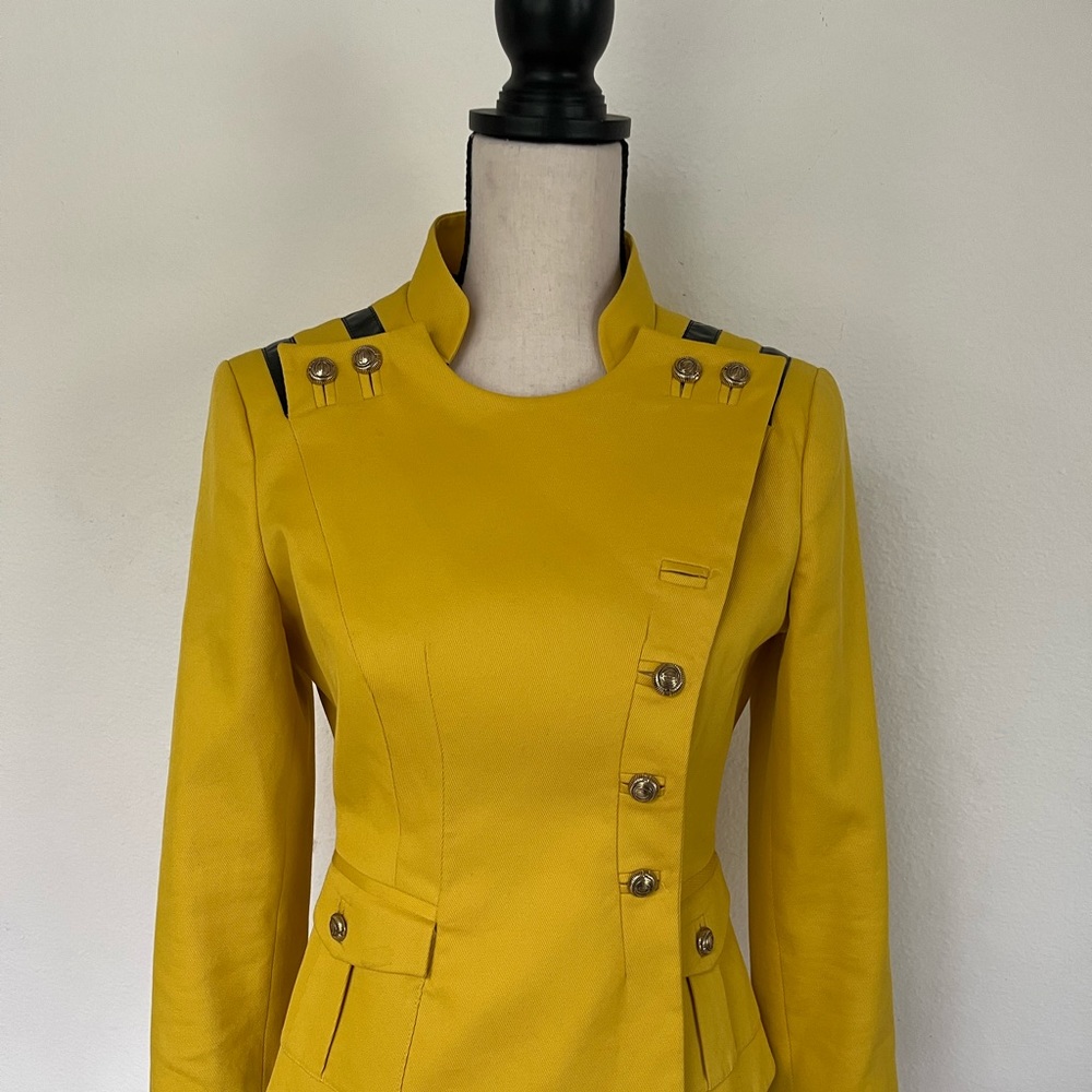 Just Cavalli Military Jacket Yellow Leather Trim Designer Blazer Italy Size 6 - Picture 2 of 15